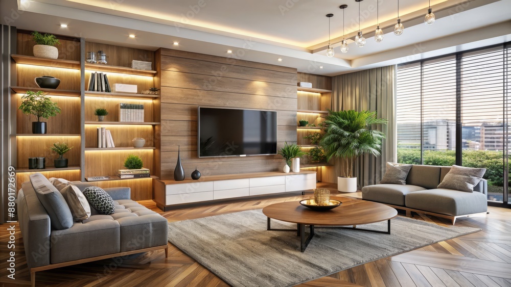 Fototapeta premium Modern living room interior featuring large flat screen television mounted on wall with empty display for advertising and design concepts.