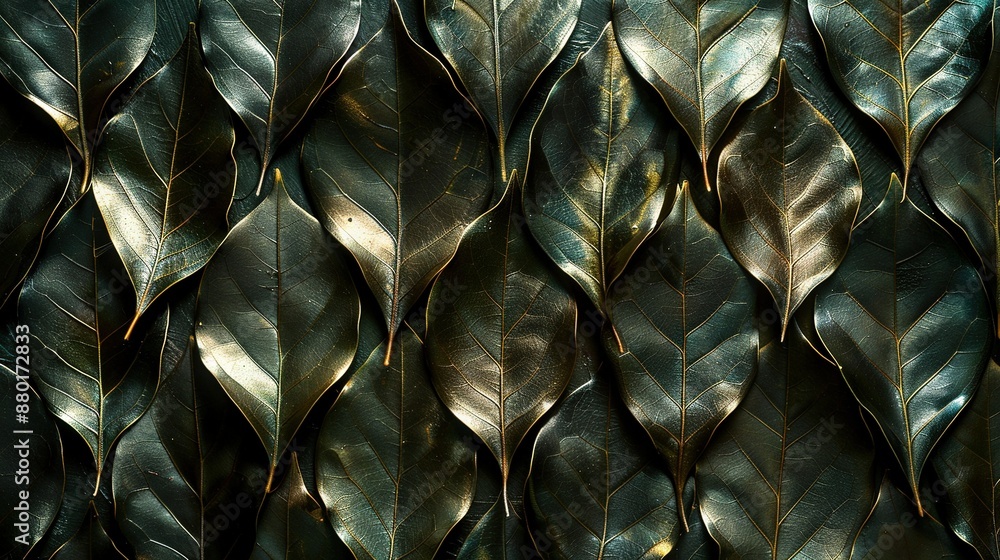 A close-up of a metallic wall with green and gold leaf patterns that resemble real foliage A close-up of a metallic wall with green and gold leaf patterns that resemble real foliage