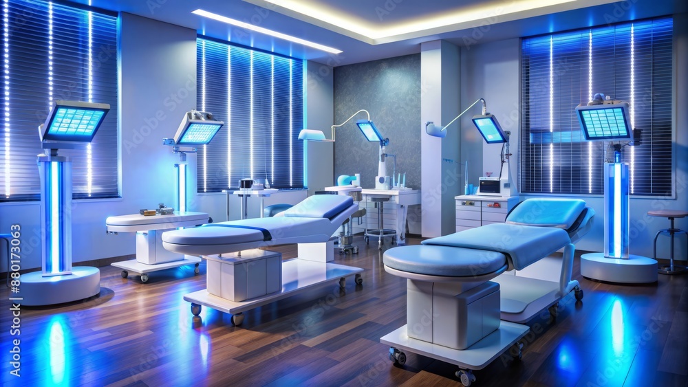 Modern spa equipment with LED light panels and futuristic devices for facial phototherapy and skin rejuvenation on a sleek table. Modern spa equipment with LED light panels and futuristic devices for facial phototherapy and skin rejuvenation on a sleek table.