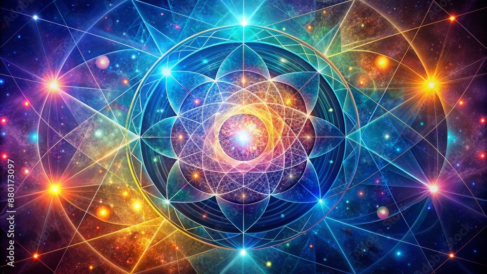 Obraz premium Geometric abstract illustration featuring minimalistic astral shapes, swirling lines, and vibrant colors, evoking a sense of modern cosmic wonder.