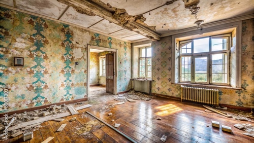 Dilapidated communal apartment interior with peeling rotten walls, cuffed floor, and worn wallpaper, emphasizing dire need for renovation and repair. photo