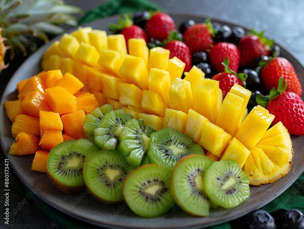 Colorful fruit platter with mango, pineapple, kiwi, strawberry, and blueberry. Colorful fruit platter with mango, pineapple, kiwi, strawberry, and blueberry.