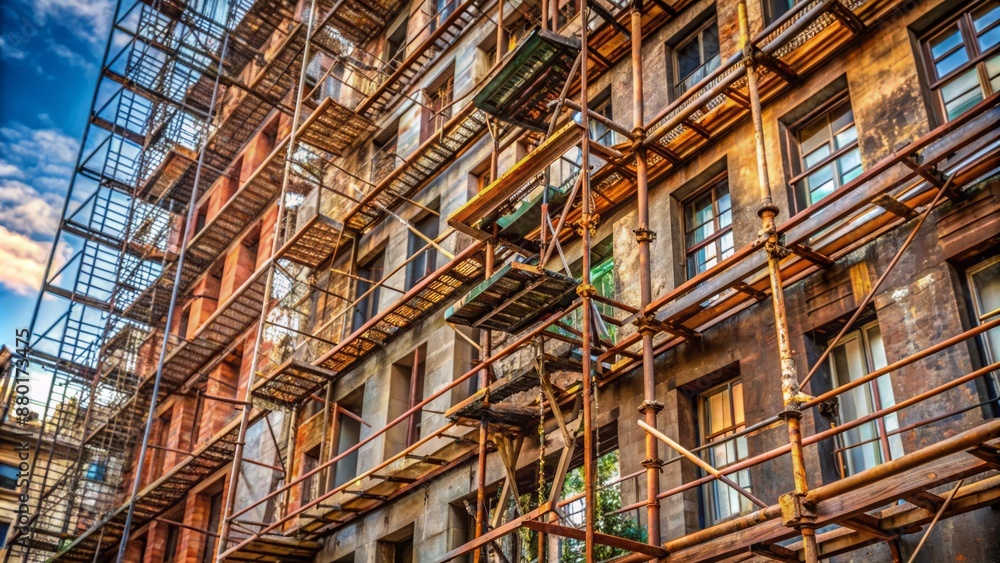 Obraz premium Rusty metal scaffolding clinging to multi-story residential building facade with urban cityscape background, industrial ropes and pulleys in sight.