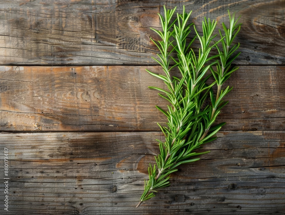 A vibrant photo of a fresh rosemary sprig on a wooden surface