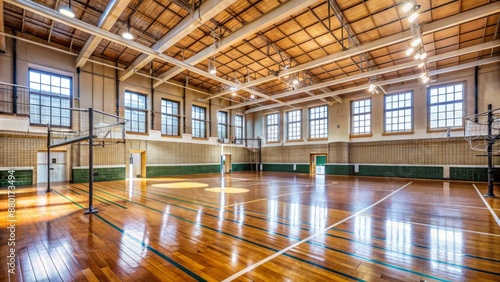 Wallpaper Mural Empty old school gymnasium with wooden floor and high ceiling featuring a well-maintained volleyball court with net, copy space, awaiting action. Torontodigital.ca