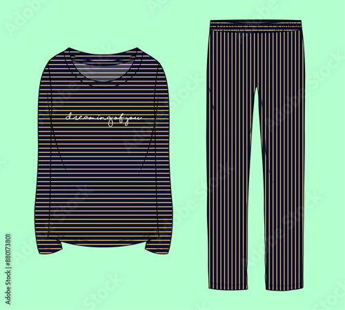 ladies nightwear long sleeve t-shirt and trouser PJ set illustration flat sketch vector. 