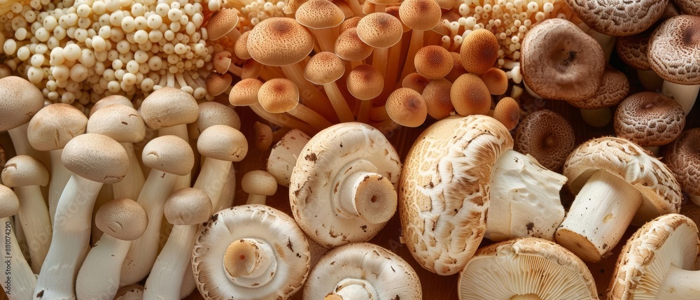Assortment of fresh, edible mushrooms, including oyster, shiitake, and enoki. Assortment of fresh, edible mushrooms, including oyster, shiitake, and enoki.