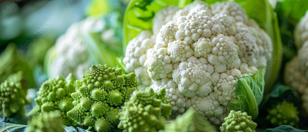 A crisp photo of freshly picked cauliflower and Romanesco broccoli A crisp photo of freshly picked cauliflower and Romanesco broccoli