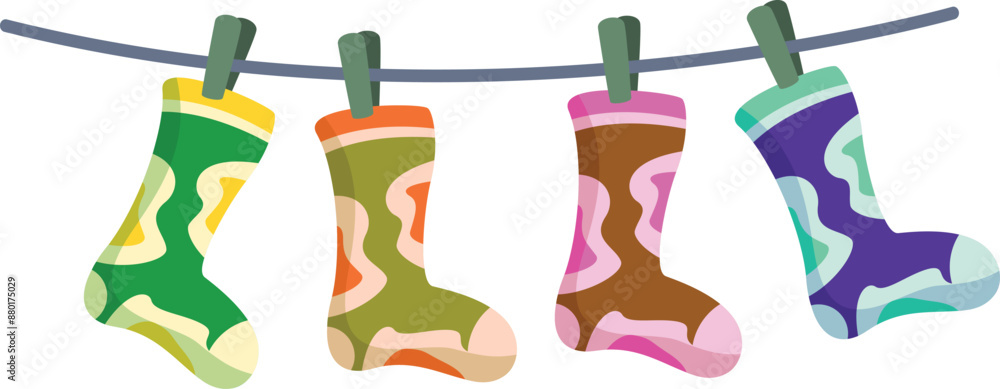 Obraz premium Four colorful socks hanging on clothesline and drying after laundry