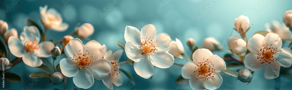 Delicate White Blooms on a Teal Background Delicate White Blooms on a Teal Background
