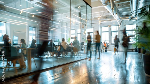 A blurred background of an open office space with business people walking around
