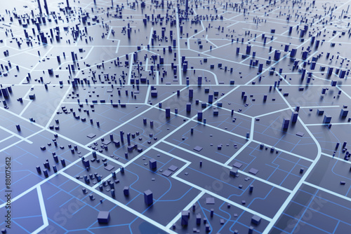 3D rendering city map illustration of a city map created using 3D modeling. Top view of Urban map with main road and sub road detailed representation of a city