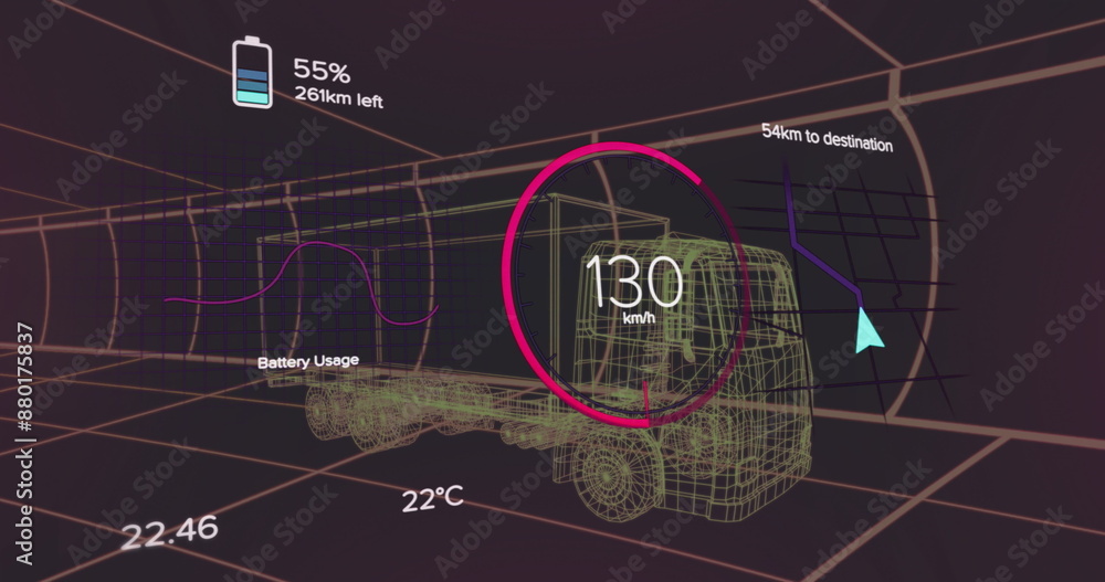 Obraz premium Image of 3d truck with battery icon and speedometer on graphic screen