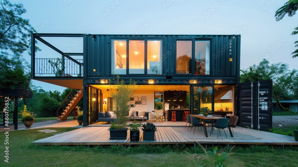 Obraz premium modern luxury big container house exterior in nature landscape, minimalism industrial style decor design, idea for sustainability for environmental preservation real estate concept, riverside home