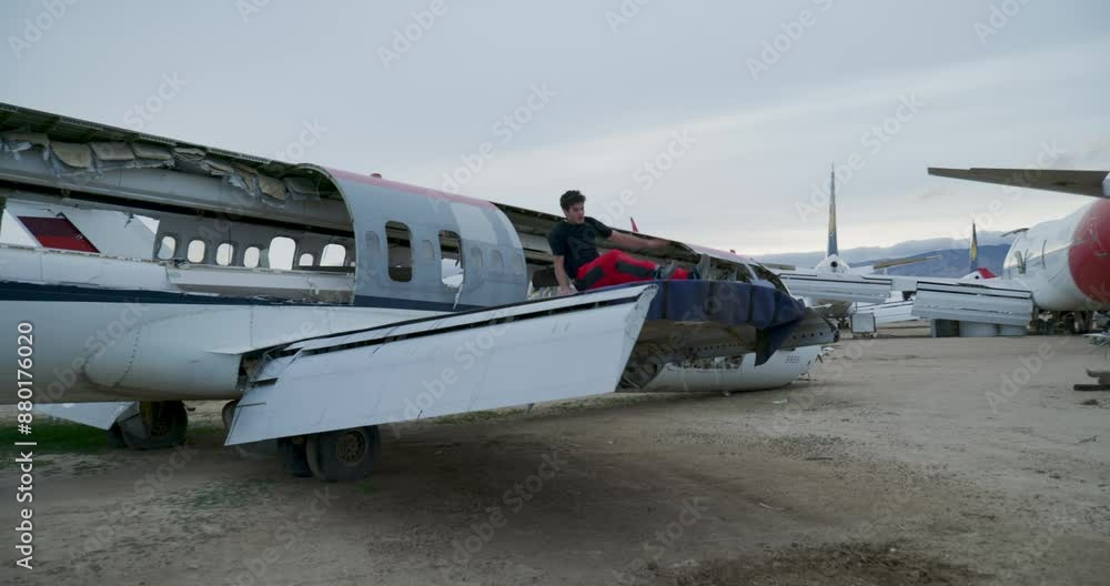 Epic parkour stunt off abandoned airplane in slow motion Epic parkour stunt off abandoned airplane in slow motion