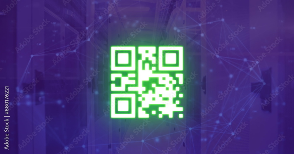Image of qr code and network of connections over server room Image of qr code and network of connections over server room