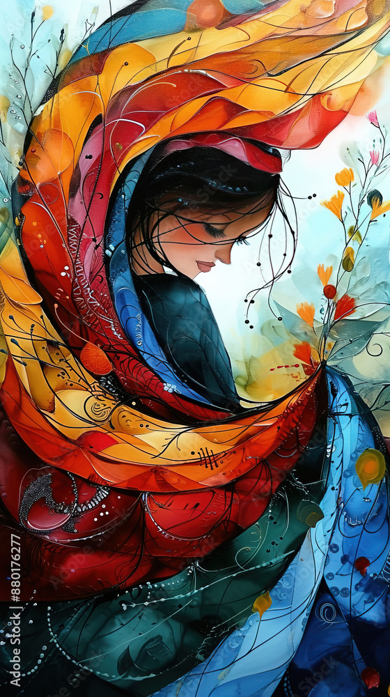 Fototapeta premium Colorful Abstract Painting Of Beautiful Girl in Colorful Dress and Hat With Flowers Retro Look Background