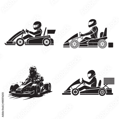 Go-kart racing illustration, black and white, silhouette style, helmeted drivers, four different poses, side and front views, dynamic motion, minimalistic design, vector art.
