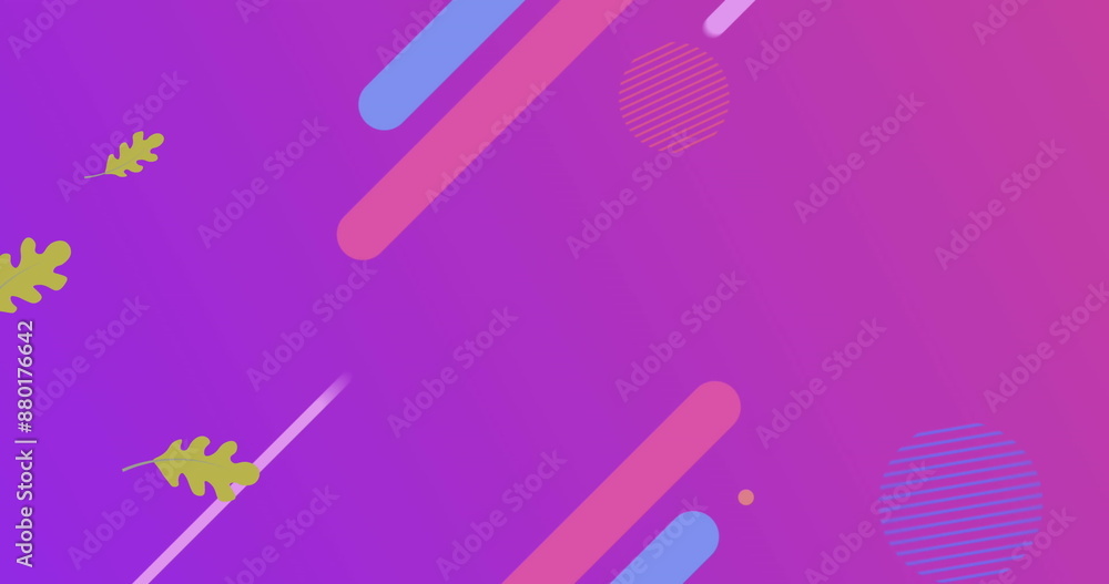 Image of leaves over shapes on purple background Image of leaves over shapes on purple background
