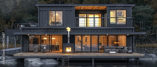 modern luxury big container house exterior in nature landscape, minimalism industrial style decor design, idea for sustainability for environmental preservation real estate concept, lakeside home © Achmad Khoeron