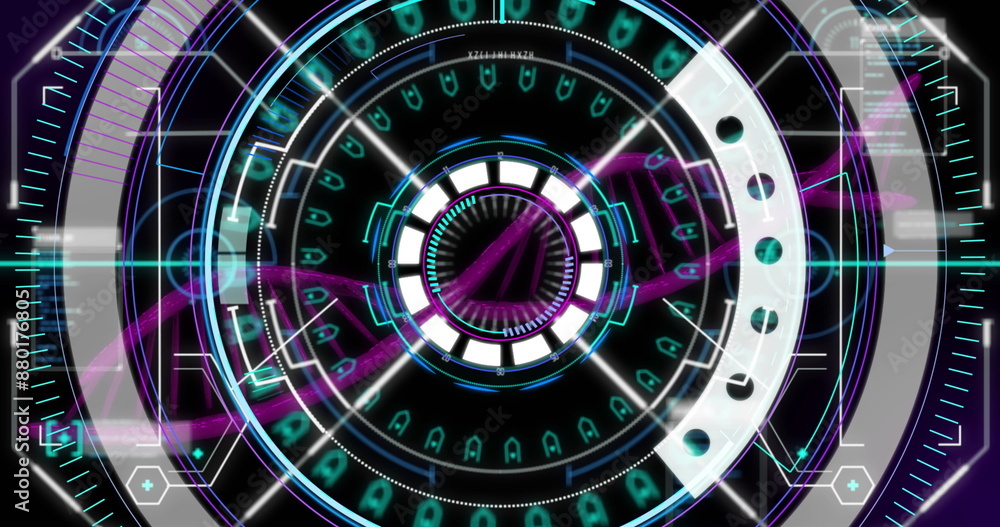 Image of arc reactor with abstract pattern and dna helix over black background Image of arc reactor with abstract pattern and dna helix over black background