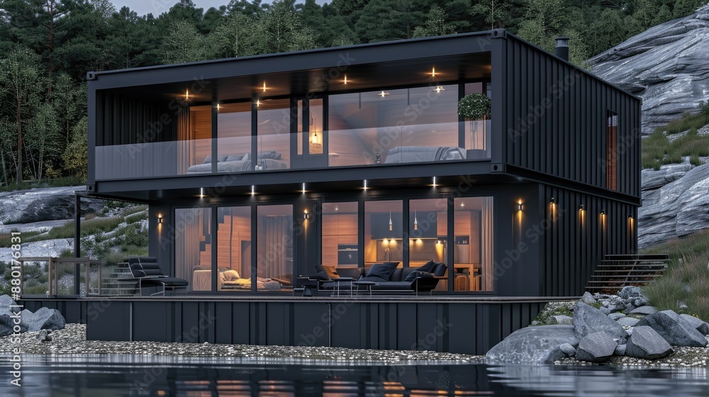 modern luxury big container house exterior in nature landscape, minimalism industrial style decor design, idea for sustainability for environmental preservation real estate concept, lakeside home modern luxury big container house exterior in nature landscape, minimalism industrial style decor design, idea for sustainability for environmental preservation real estate concept, lakeside home