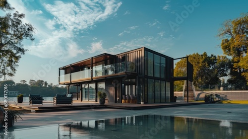 modern luxury big container house exterior in nature landscape  minimalism industrial style decor design  idea for sustainability for environmental preservation real estate concept  lakeside home