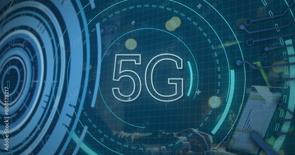 Image of scope scanning with 5g text and data processing over server room Image of scope scanning with 5g text and data processing over server room