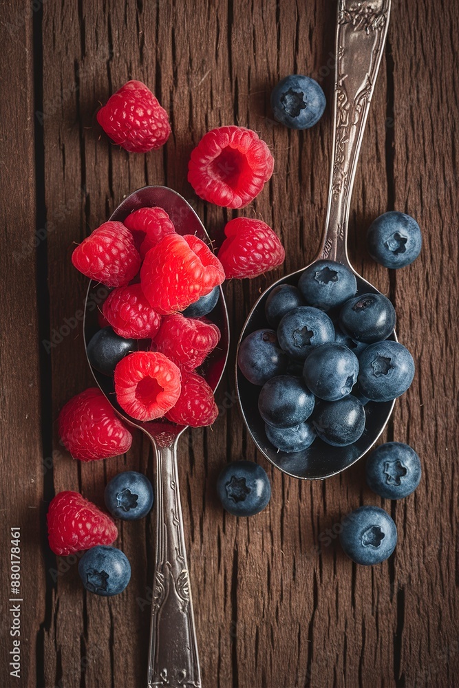 ripe raspberries and blueberries in old spoons on a wooden background ripe raspberries and blueberries in old spoons on a wooden background