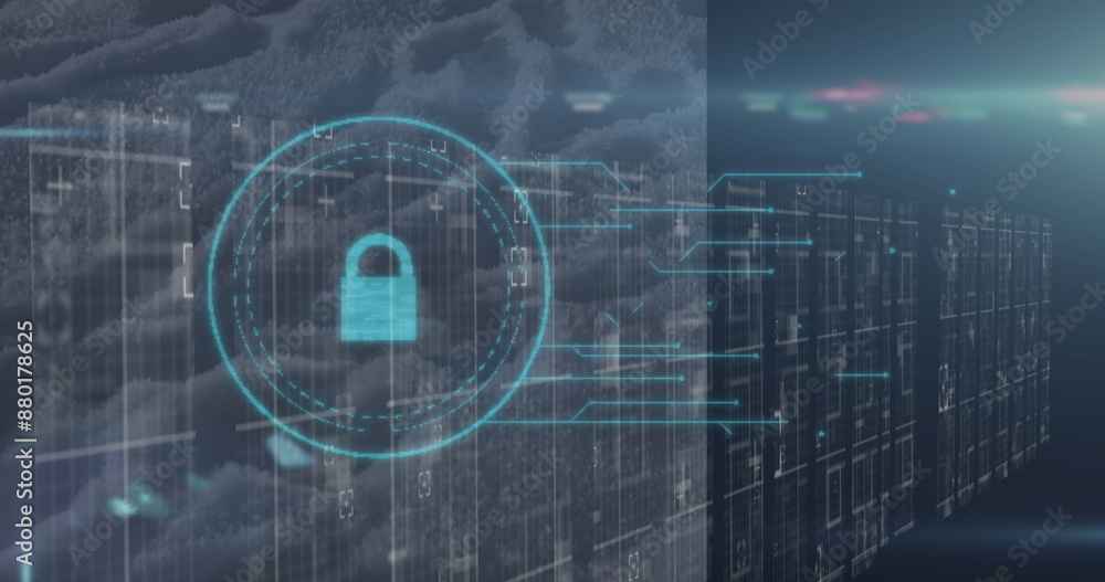 Obraz premium Image of security padlock icon and network of connections against blue background