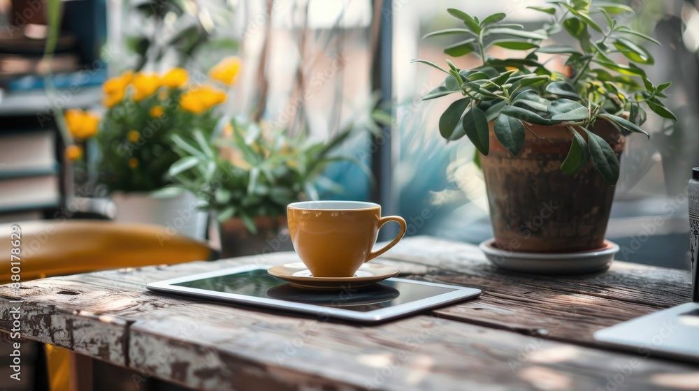 Workspace with digital tablet coffee cup on rustic desk Morning break or work setting with focus