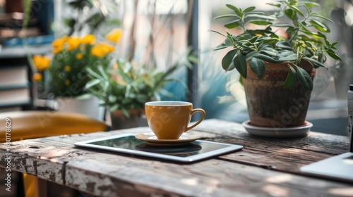 Workspace with digital tablet coffee cup on rustic desk Morning break or work setting with focus photo