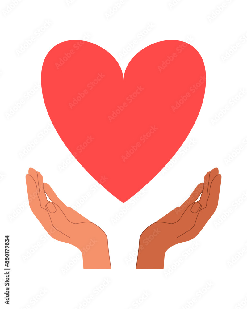 Two hands hold heart vector illustration. Care, protection, support, solidarity, diversity concept, icon Two hands hold heart vector illustration. Care, protection, support, solidarity, diversity concept, icon