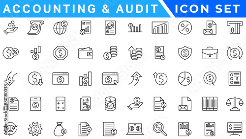 Accounting icon set. Containing financial statement, accountant, financial audit, invoice, tax calculator, business firm, tax return, income and balance sheet icons. Solid icon collection.