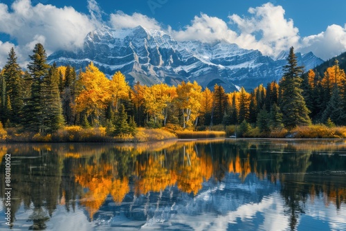 A picturesque autumn scene in the Canadian Rockies, with golden aspen trees, a crystal-clear lake, and snow-capped peaks