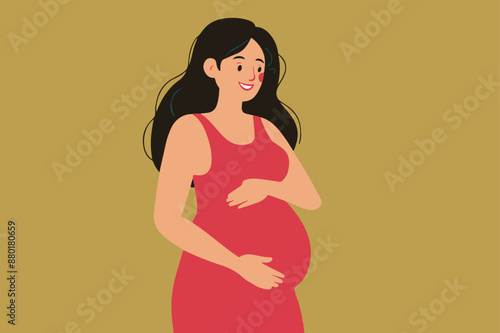 Modern  pregnancy and motherhood. Poster with a beautiful young pregnant woman with long hair and place for text. Minimalistic design, flat cartoon vector illustration.