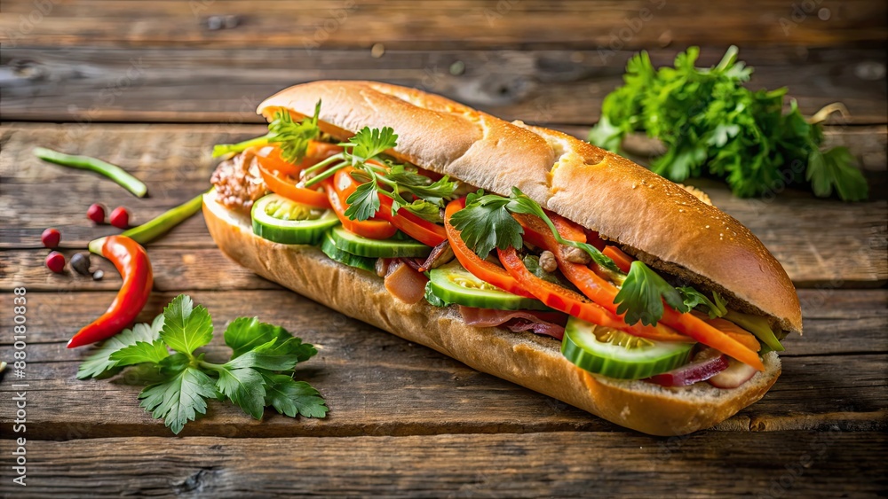 Vietnamese Banh Mi sandwich with fresh ingredients on a rustic wooden background, Vietnamese, Banh Mi, sandwich Vietnamese Banh Mi sandwich with fresh ingredients on a rustic wooden background, Vietnamese, Banh Mi, sandwich