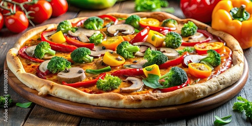 Vegetable pizza with colorful bell peppers, broccoli, mushrooms, and tomatoes on a crispy crust , Vegetarian, Healthy, Food