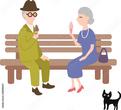 ベンチに腰掛け、ソフトクリームを楽しそうに食べる老夫婦のイラスト