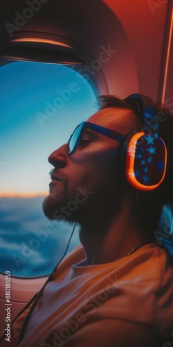 39 Man using patrioticthemed noisecancelling headphones, flying on airplane, soft lighting, medium shot, modern and relaxed photo