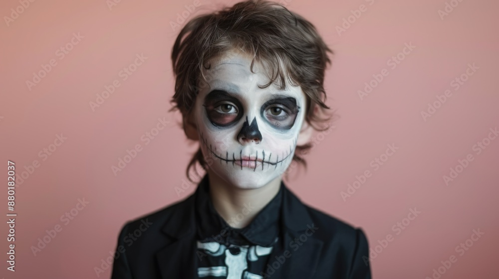 Spooky Close-Up Portrait of Young Boy in Skeleton Costume and Face Paint on Plain Studio Background Spooky Close-Up Portrait of Young Boy in Skeleton Costume and Face Paint on Plain Studio Background