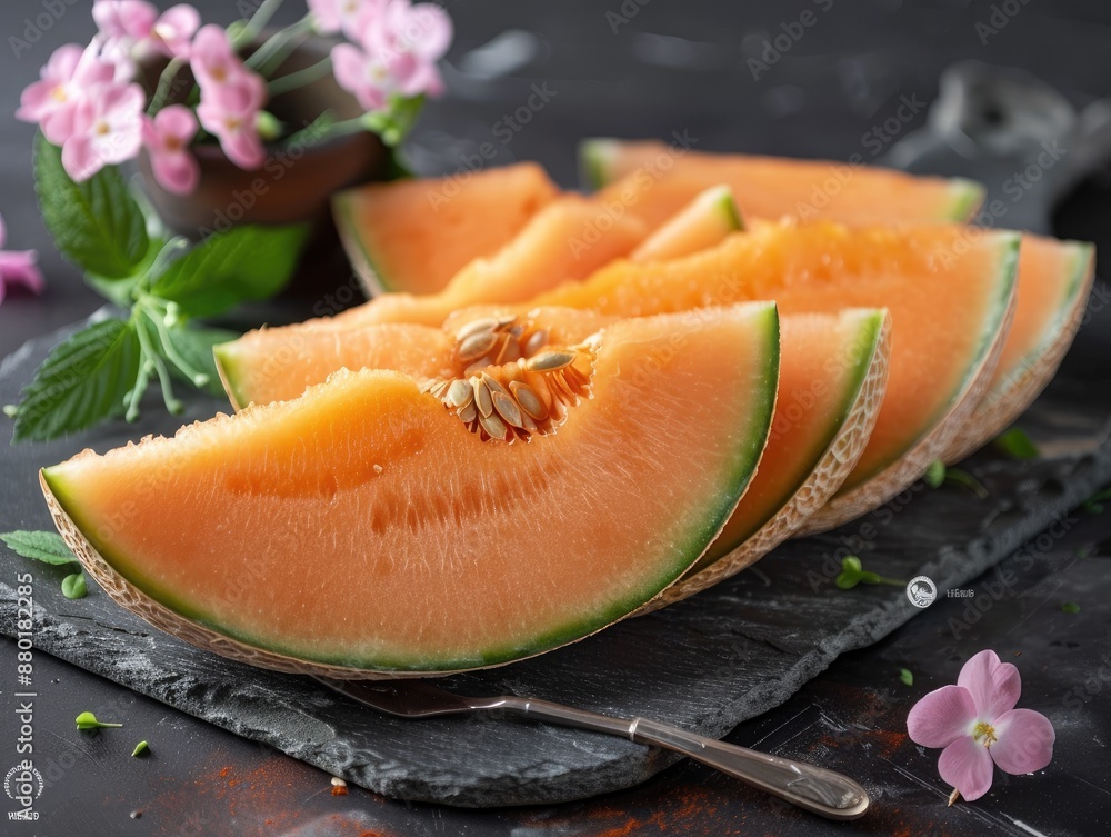 Sliced orange melon pieces arranged on a dark slate surface Sliced orange melon pieces arranged on a dark slate surface
