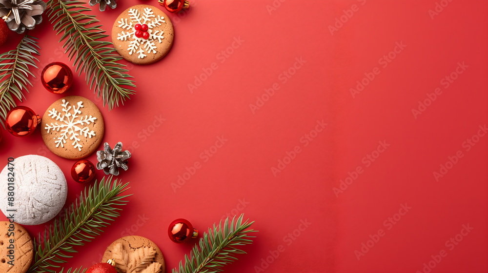 Christmas card with gingerbread cookies on a red background. Top view of flat lay with space for Christmas greetings Christmas card with gingerbread cookies on a red background. Top view of flat lay with space for Christmas greetings