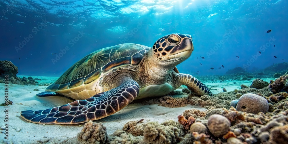 Fototapeta premium Sea turtle resting on ocean floor surrounded by debris , pollution, marine life, sea turtle, ocean, trash