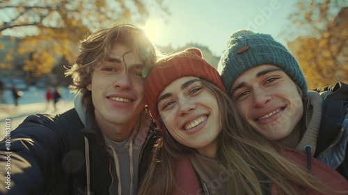 Three friends in a park taking a selfie: woman with red beanie, man with blonde hair, man with teal beanie. All smiling and happy