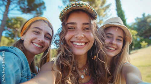 Three young women smile while taking a selfie in a park on a sunny day