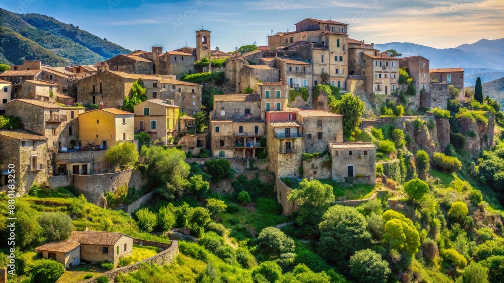 Obraz premium Ancient stone buildings cascade down hillside, surrounded by lush greenery, in serene medieval town of Caronia, Messina Province, Sicily, Italy.