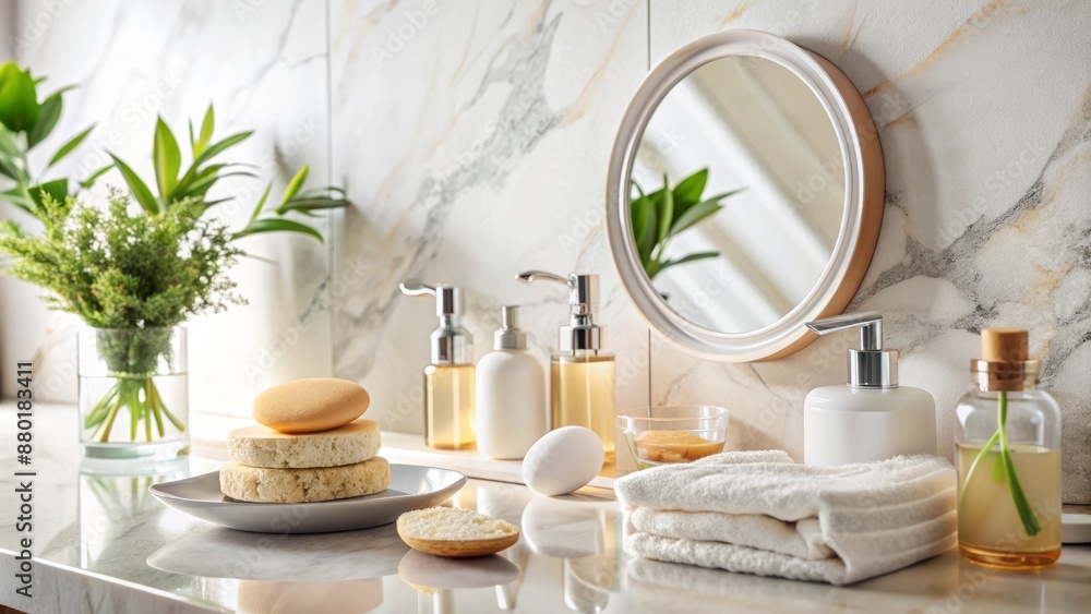 Fresh morning skincare ritual setup with gentle cleanser, soft sponges, and mirrored reflection on a serene marble countertop. Fresh morning skincare ritual setup with gentle cleanser, soft sponges, and mirrored reflection on a serene marble countertop.