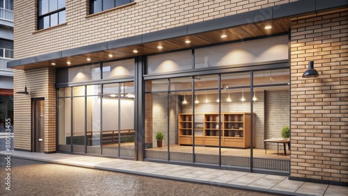 Empty modern storefront with large isolated windows ready for customization, perfect for digitally adding cafe or bakery signage. © Man888