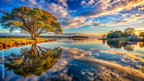 Serene morning scene overlooking Great Neck in Ipswich Massachusetts with tranquil sky and majestic trees reflected in calm water. © Man888
